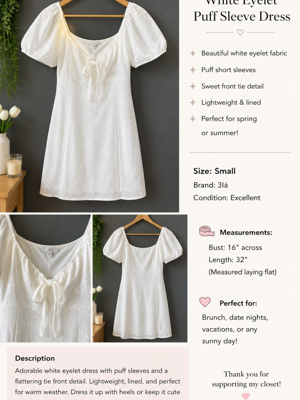White Eyelet Puff Sleeve Midi Dress with Tie Front